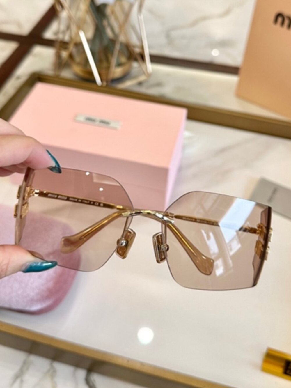 Miu Miu Rimless Square Sunglasses Logo Detail